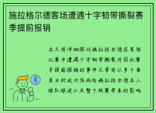 施拉格尔德客场遭遇十字韧带撕裂赛季提前报销
